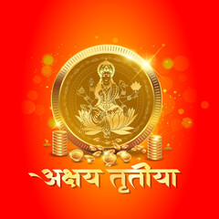 India festival Akshaya Tritiya wishes Greeting background with gold coins and goddess Lakshmi.