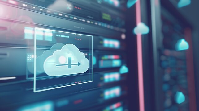 Data migration to cloud server, close-up on progress bar on a monitor, detailed view of transfer speed and files 