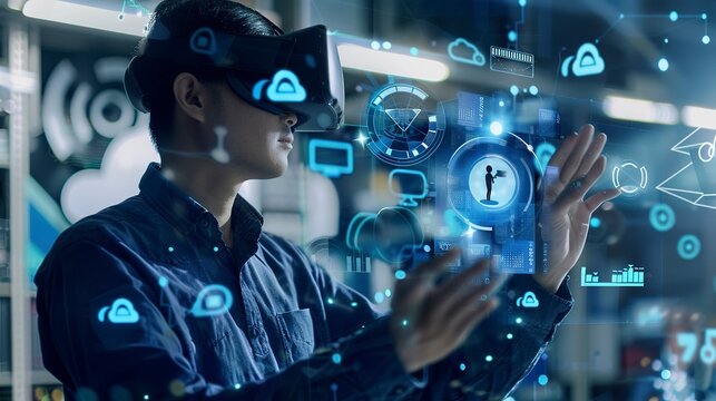 Engineer using virtual reality headset to interact with cloud infrastructure, close-up, VR icons floating, immersive tech - Powered by Adobe
