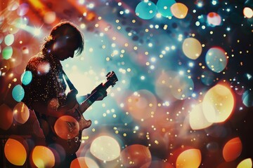Naklejka premium Guitarist Playing on Stage with Colorful Bokeh Lights Background 
