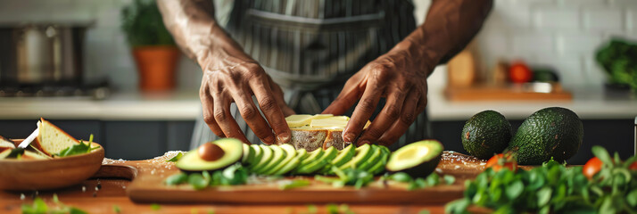 Midsection of African American man buttering toast to have with avocado in kitchen, copy space - Powered by Adobe