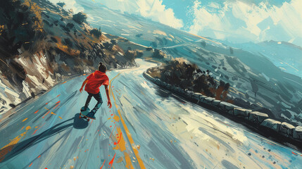 A solitary figure racing down a winding mountain road on a longboard skateboard, with the wind in their hair and the exhilarating rush of speed propelling them around each curve and descent.