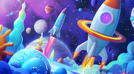 3D cartoon illustration of rockets on an alien planet. Space, universe and cosmic concept.