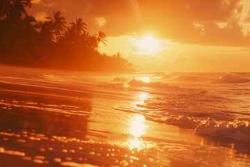 Golden sunset casting warm glow over tropical beach