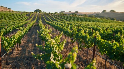 A view of a sustainable vineyard that practices organic farming, with rows of vines under the summer sun.
