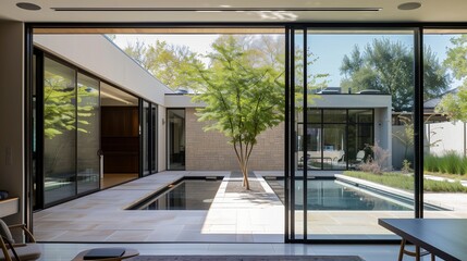 Contemporary glass pivot door with a frameless design for a seamless look