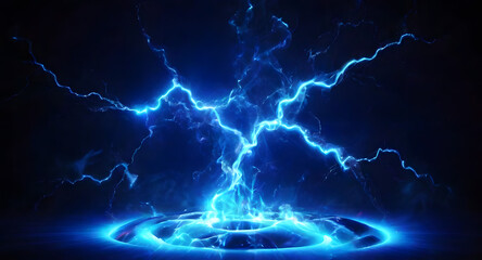 Blue electric plasma lighting on black background abstract energy 