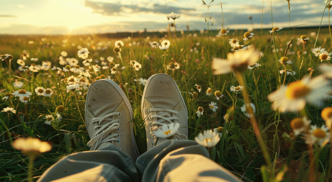 A person's feet in sneakers, resting on the grass of an open field surrounded by wildflowers and daisies under bright sunlight - Powered by Adobe