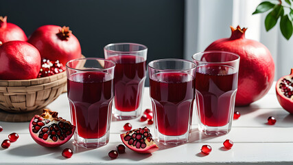 Tasty pomegranate juice in glasses and fresh fruit on white wooden table