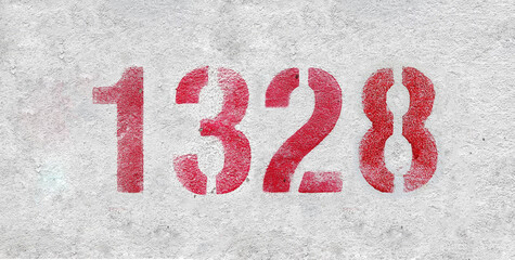 Red Number 1328 on the white wall. Spray paint.