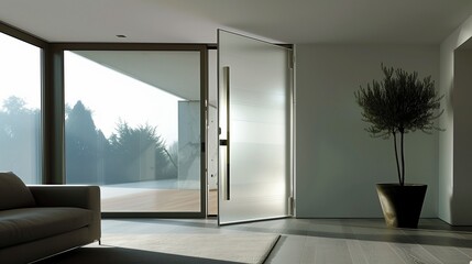 Contemporary pivot door with a stainless steel frame and frosted glass panel