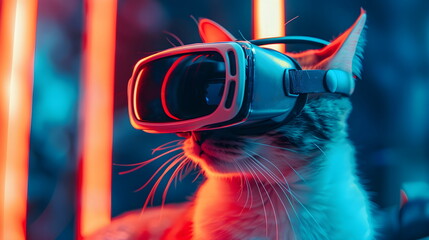 Futuristic illustration of a cat wearing a virtual reality glasses
