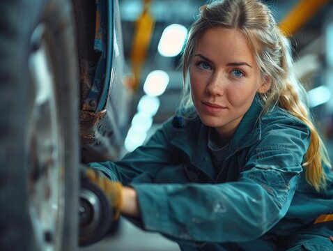 A female mechanic in a blue jumpsuit is working on a car engine. She is smiling and looking at the camera.