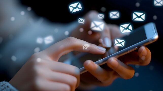 Closeup of a woman hand typing a mobile phone with futuristic flying message letter icons - Powered by Adobe