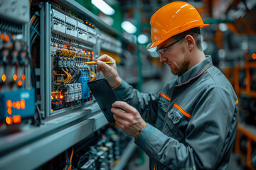 Industrial electrician in orange hard hat and safety glasses works on electrical panel in factory