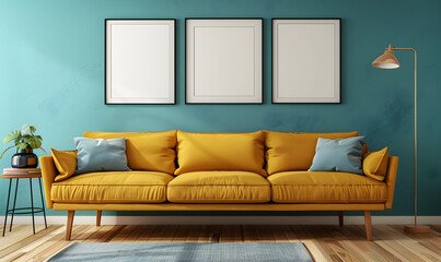 View of living room in minimal style with yellow sofa and fiddle fig on laminate floor
