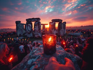 Summer solstice gathering at Stonehenge. People are celebrating the longest day of the year with a bonfire and candles.