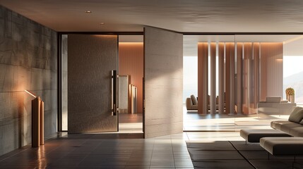 Contemporary pivot door with a textured finish and hidden hinges