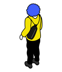 Isometric person, Standing man with blue hair from behind - long sleeves