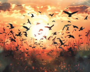 Portray the harmony between wildlife and classic literature in a captivating composition reminiscent of oil paintings Envision a flock of birds taking flight in unison