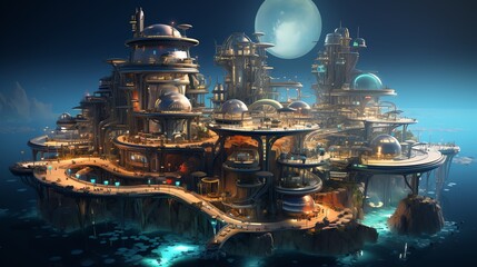 Futuristic settlements built beneath the ocean surface, Underwater Cities and Structures - obrazy, fototapety, plakaty