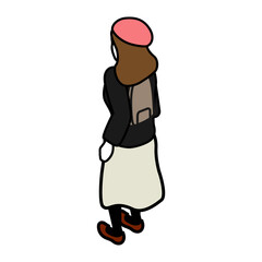 Isometric person, Standing woman from behind with a backpack - long sleeves