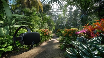 A VR headset and interactive display in a botanical garden setting, offering a virtual tour of the...