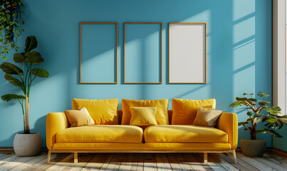 View of living room in minimal style with yellow sofa and fiddle fig on laminate floor
