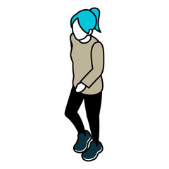 Isometric person, Walking woman with blue hair who wore long sleeves