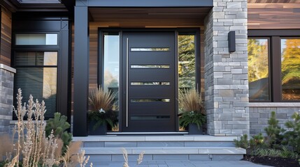 Contemporary steel door with horizontal windows and a matte black finish