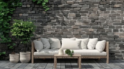 gray brick wall with sofa and table, and tree pot on the side, copy space