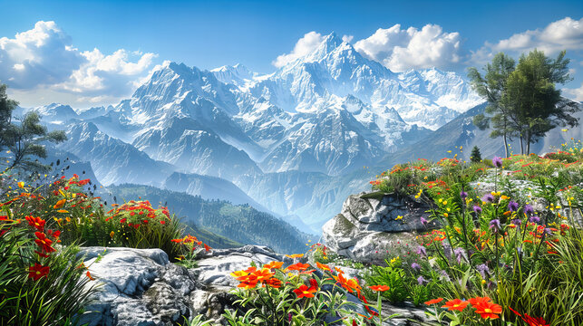 Majestic Himalayan Peaks Covered in Snow, Panoramic View of the Rugged Landscape at Dawn