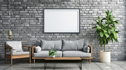 gray brick wall with sofa and table, and tree pot on the side, empty frame for space 