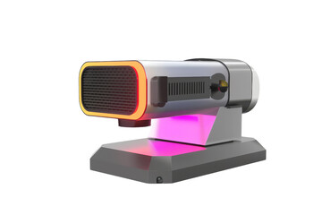 A colorful device with a speaker on top. The speaker is orange and red. The device is designed to be used for entertainment purposes