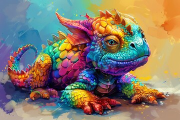 Vibrant digital art of a funny fat dragon, its rainbow scales designed with bold, lively colors to highlight its lovable and humorous nature