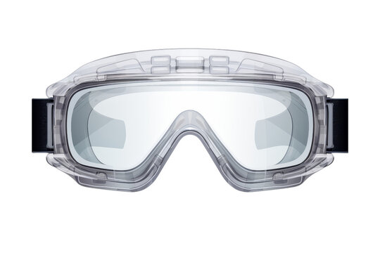 A pair of clear goggles with black frames. The goggles are designed to protect the eyes from harmful substances