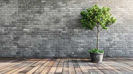 gray brick wall with wooden floor and small tree in a pot, with a wooden flooring background - Powered by Adobe