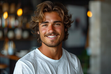 Smiling Caucasian man in white t-shirt with curly hair in living room interior - Powered by Adobe