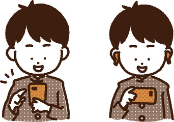 スマホを操作する学生　男の子　縦・横セット