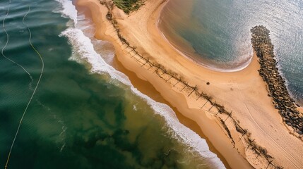 An aerial view of a beach showing distinct zones for recreation and wildlife protection, marked by natural rope barriers. - Powered by Adobe