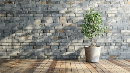 gray brick wall with wooden floor and small tree in a pot, with a wooden flooring background