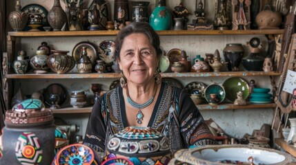 Artisan Woman Surrounded by Handcrafted Pottery and Artifacts