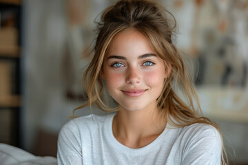 Young woman sitting on top of couch in living room