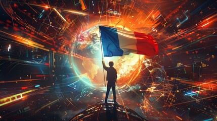 Future Vision: Man Holding French Flag in Virtual World