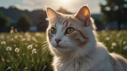 Obraz premium White Cat in Grassy Field: Cinematic 3D Render with Enhanced Beauty.