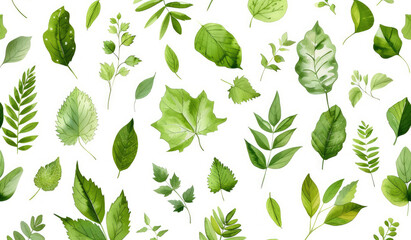 A seamless pattern of various green leaves in the watercolor style on a white background with a simple design.