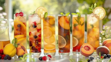 An arrangement of various iced teas in tall glasses, each infused with different fruits like lemon, peach, and berries, set against a sunny garden backdrop.