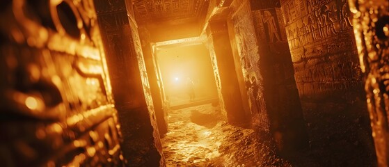 Mysterious passageway in ancient Egyptian style site. There is a picture on the wall. Generative Ai