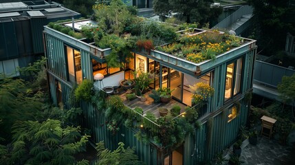 Naklejka premium Container Homes: Urban Green Living with Rooftop Gardens