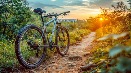 A mountain bike on a forest trail at sunset.